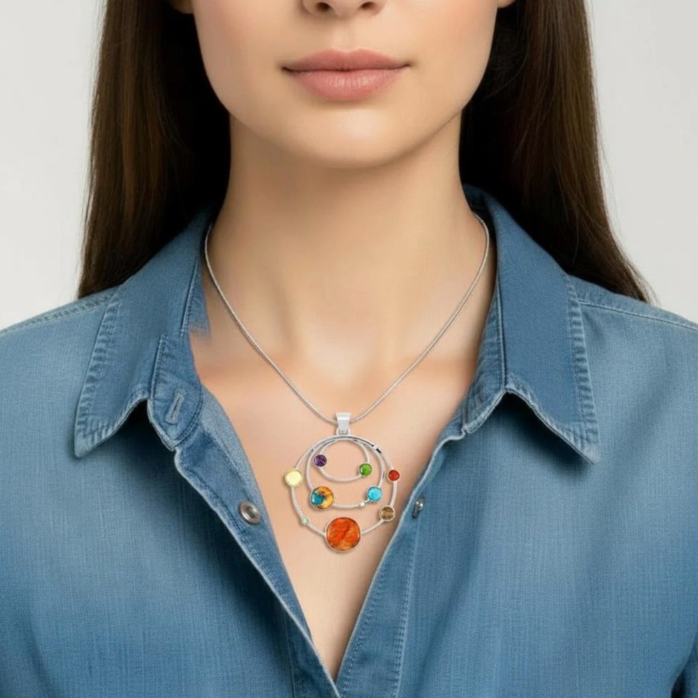 A Turquoise Network Pendant- Colorful Planetary Pendant made of Sterling Silver - Picture 2 of 8